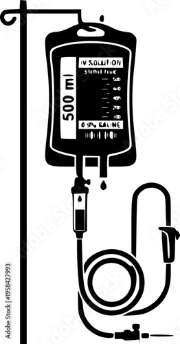Black medical IV bag with tubing – Black Vector Illustration