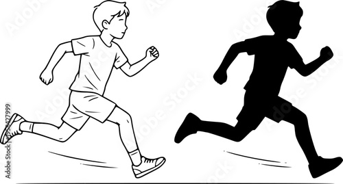 Two boys running with one in simple line art and one as a dark form silhouette – Black and White Vector Illustration