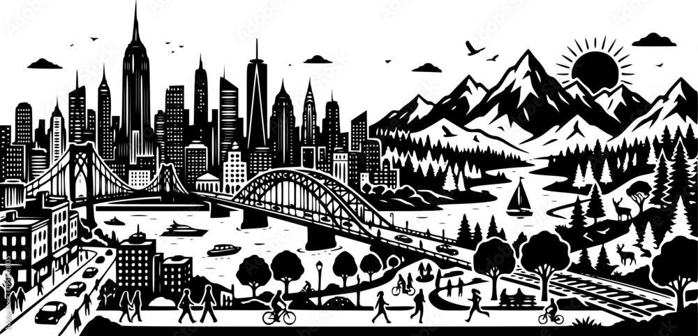 Fototapeta premium Diverse city and nature scenes presented as a striking silhouette – Black Vector Illustration
