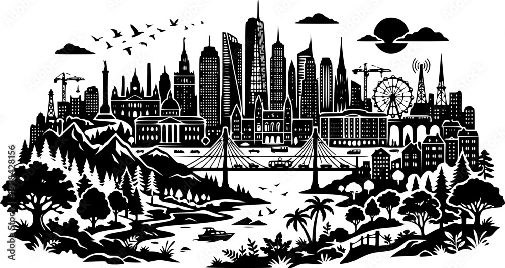 Obraz premium Diverse city and nature scenes presented as a striking silhouette – Black Vector Illustration