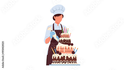 Cake Creation: A skilled baker meticulously decorates a multi-tiered cake, adding elegant swirls of icing with precision, showcasing the artistry and detail that goes into crafting a delectable treat.