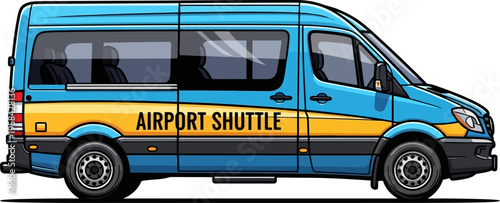 Blue airport shuttle van with yellow branding stripes