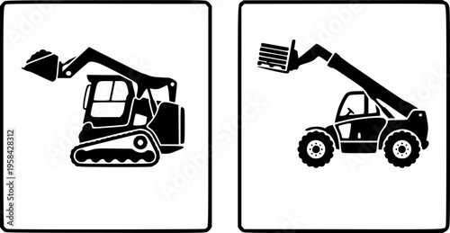 Heavy equipment icon set featuring simple black silhouettes of a telehandler and skid steer loader for industrial construction – Black and White Vector Illustration