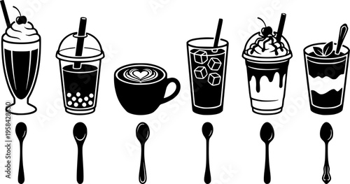 Various dessert drinks and spoons presented in a flat silhouette – Black Vector Illustration
