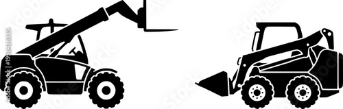 Heavy equipment icon set featuring simple black silhouettes of a telehandler and skid steer loader for industrial construction – Black and White Vector Illustration