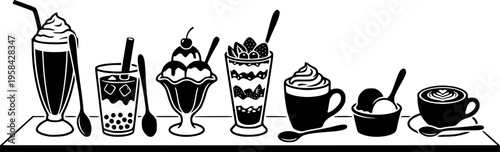 Various dessert drinks and spoons presented in a flat silhouette – Black Vector Illustration