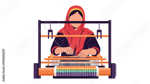 Crafting Textiles: A dedicated craftsperson, adorned in traditional attire, meticulously weaves intricate patterns on a vintage loom, symbolizing heritage, artistry.