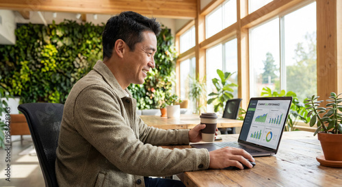 Happy Man Working on Laptop in Bright Office with Green Plants