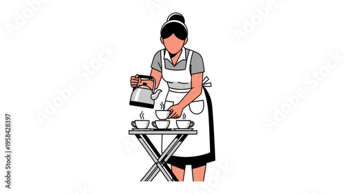 Tea Service: A server in an apron skillfully pours steaming tea from a kettle into teacups on a tray, ready to serve.