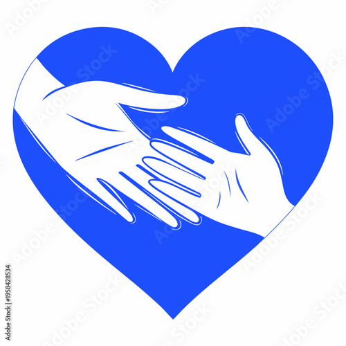 Two hands reaching for each other within a vibrant blue heart shape
