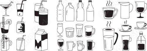 A large collection of outlined drink containers and serving ware including bottles, mugs, and glasses