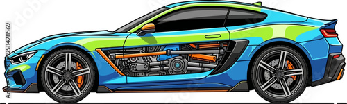 Blue supercar with exposed engine and internal components