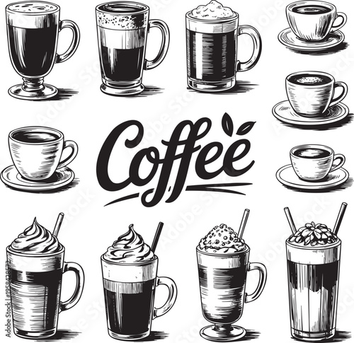 A large selection of popular coffee beverages in different cups and mugs with the word Coffee