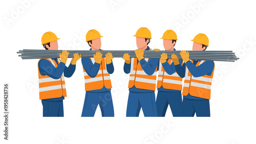 Team of Construction Workers Carrying Steel Beams