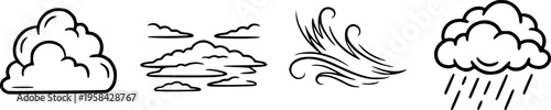 Weather and meteorology icon set featuring simple black line art silhouettes of cumulus, stratus, cirrus, and nimbus clouds – Black and White Vector Illustration