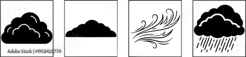 Weather and meteorology icon set featuring simple black line art silhouettes of cumulus, stratus, cirrus, and nimbus clouds – Black and White Vector Illustration