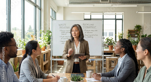 Professional woman leading a business meeting on waste reduction strategies