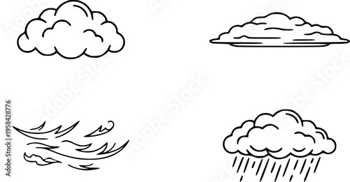 Weather and meteorology icon set featuring simple black line art silhouettes of cumulus, stratus, cirrus, and nimbus clouds – Black and White Vector Illustration