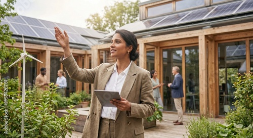 Professional Woman Discussing Sustainable Energy Solutions Outdoors