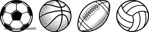 Four sports balls including soccer basketball and football on a white background – Black Vector Illustration