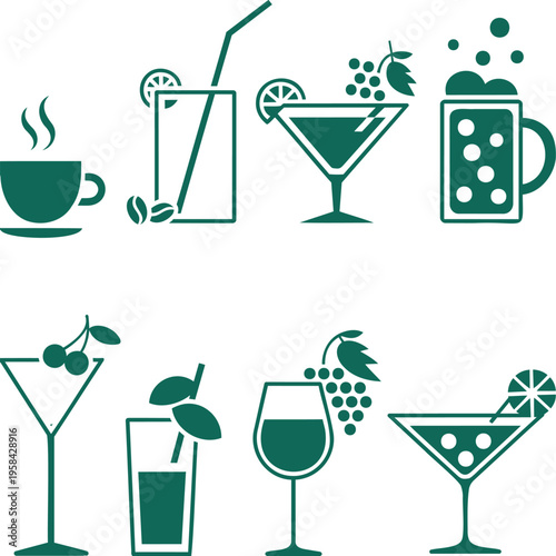 A vibrant collection of green outline drink icons featuring various popular beverages for menus