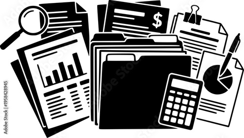 Financial documents and paperwork represented as a flat graphic silhouette – Black Vector Illustration