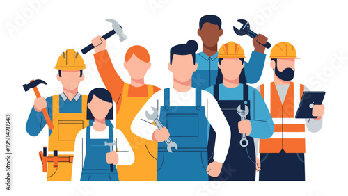 Construction Crew United: A diverse team of construction workers stands together, tools in hand, symbolizing collaboration, skill, and dedication in the building trades.