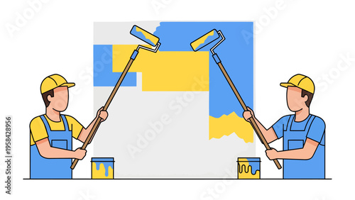 Painters at Work: Two diligent painters collaboratively apply vibrant colors to a wall, demonstrating a seamless teamwork with their painting rollers. 
