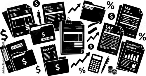 Financial documents and paperwork represented as a flat graphic silhouette – Black Vector Illustration