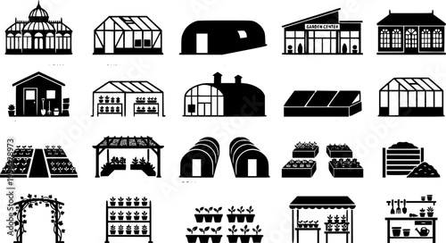 Collection of greenhouse designs in black minimalist silhouette – Black Vector Illustration