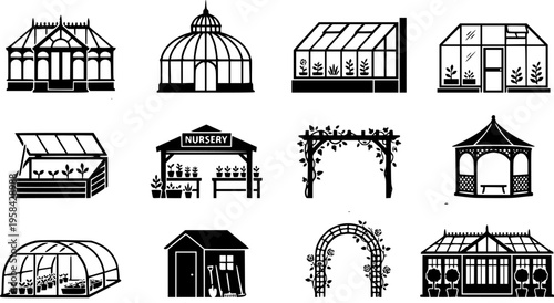 Collection of greenhouse designs in black minimalist silhouette – Black Vector Illustration