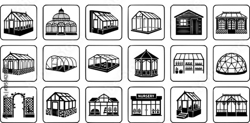Collection of greenhouse designs in black minimalist silhouette – Black Vector Illustration