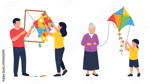 Kites in Flight: A multigenerational family is united in joy, preparing and flying colorful kites against the bright sky. The scene is brimming with excitement and anticipation.