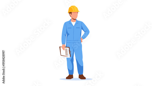 Construction Worker with Clipboard: A construction worker, wearing a hard hat and blue overalls, stands confidently with a clipboard, ready for the job.