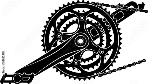 Bicycle drivetrain component icon featuring a simple black silhouette of a bike crankset with chainring and gears – Black and White Vector Illustration