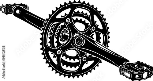 Bicycle drivetrain component icon featuring a simple black silhouette of a bike crankset with chainring and gears – Black and White Vector Illustration