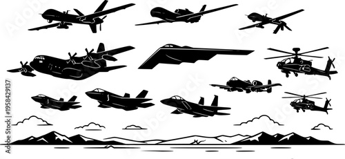 Military aviation and defense icon set featuring simple black silhouettes of unmanned aerial vehicles and fighter jets – Black and White Vector Illustration