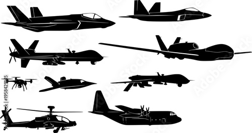 Military aviation and defense icon set featuring simple black silhouettes of unmanned aerial vehicles and fighter jets – Black and White Vector Illustration