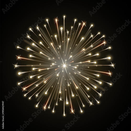 Realistic fierworks isolated on black background. Detailed holiday celebration element. Stars, glitter, sparkles. Festive celebration element. Vector illustration