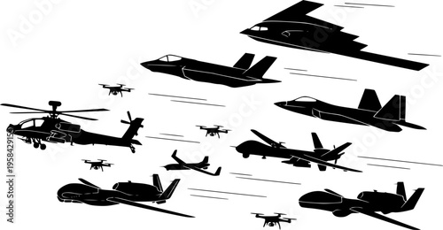 Military aviation and defense icon set featuring simple black silhouettes of unmanned aerial vehicles and fighter jets – Black and White Vector Illustration