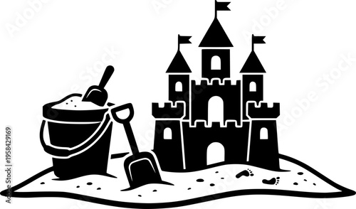 Beach toys and summer recreation icon set featuring simple black silhouettes of a sand bucket, spade, and castle – Black and White Vector Illustration