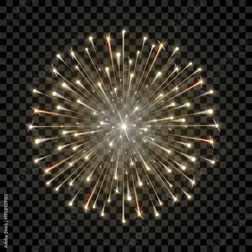 Realistic fierworks isolated on transparent background. Detailed holiday celebration element. Stars, glitter, sparkles. Festive celebration element. Vector illustration