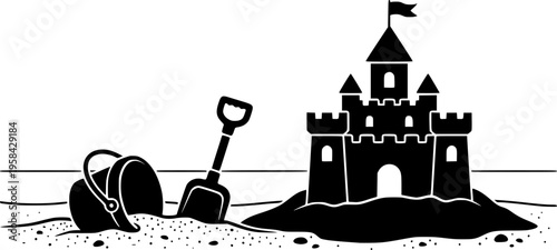 Beach toys and summer recreation icon set featuring simple black silhouettes of a sand bucket, spade, and castle – Black and White Vector Illustration