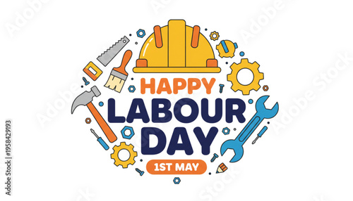 Happy Labour Day 1st May Celebration with Tools for Construction Workers and Builders Festive Design