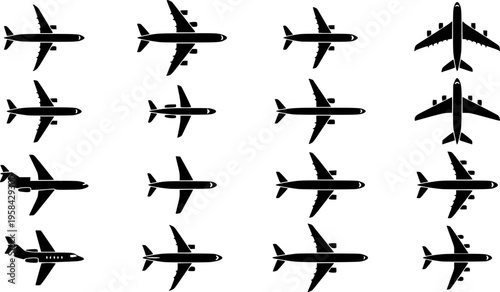 Aviation and air travel icon set featuring simple black silhouettes of commercial jet airplanes in top view – Black and White Vector Illustration