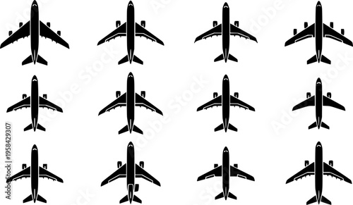 Aviation and air travel icon set featuring simple black silhouettes of commercial jet airplanes in top view – Black and White Vector Illustration