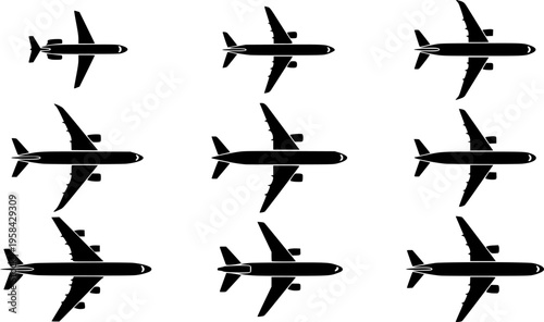 Aviation and air travel icon set featuring simple black silhouettes of commercial jet airplanes in top view – Black and White Vector Illustration