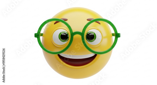 Cheerful Yellow Emoji with Green Round Glasses and Bright Smile — Playful 3D Character Portrait for Social Media, Education, and Children's Content