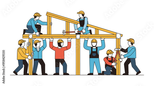 Teamwork in Construction: A group of construction workers collaborates on a new project. Each person brings their expertise to create the frame of structure with unity and dedication. 