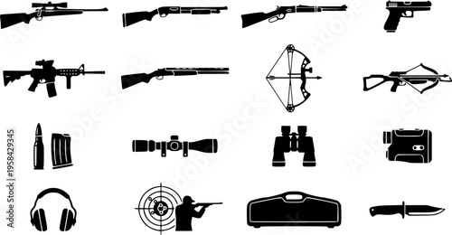 Hunting and shooting sports equipment icon set featuring simple black silhouettes of various rifles and firearms – Black and White Vector Illustration
